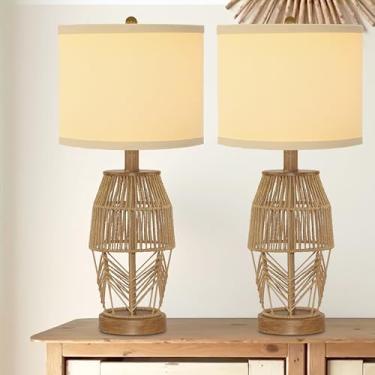 Imagem de DAIJITAOJI Conjunto de 2 lâmpadas boho de 53 cm para quarto de fazenda, candeeiros de mesa para sala de estar, vime de vime, lâmpadas de cabeceira rústicas para mesa de cabeceira, candeeiro de mesa