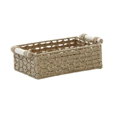 Imagem de BLWOTMOR Cesto de Armazenamento de Corda de Papel com Alças de Madeira, Lixeira Decorativa de, 25cmx15cmx8cm