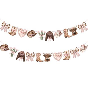 Imagem de Maysing 2 pacotes de decorações de bandeira de festa ocidental cowgirl rosa coquete faixas de arco decoração do oeste selvagem botas de vaqueira rosa e vaca Highland para decoração de festa de