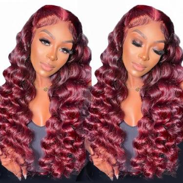 Imagem de Perucas frontais de renda NKTU Burgundy 99J Deep Wave 26" 180 Density