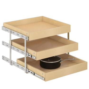 Imagem de WelFurGeer Gavetas de armário de madeira compensada de 58 cm com 3 camadas, prateleiras deslizantes lisas para armários de cozinha, gavetas removíveis para organização de cozinha doméstica