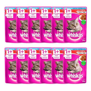 Imagem de Kit 12 Ração Úmida para Gatos Whiskas Adultos 1+ Anos Castrados Sabor Carne em Sachê 85g