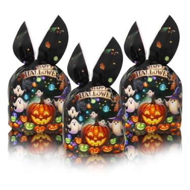 Imagem de 100 sacos de doces de Halloween, sacos de guloseimas de coelho com design de fantasma de abóbora, sacolas de plástico para lembrancinhas de festa de Halloween, doces, biscoitos e presentes