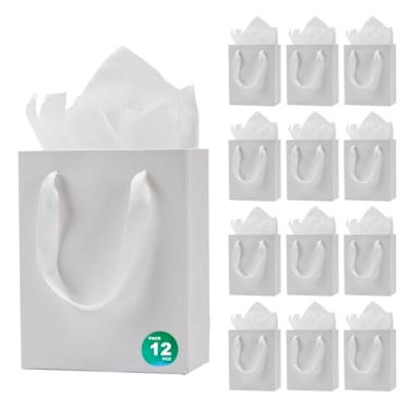 Imagem de Aosric Pacote com 12 sacos de presente brancos de 15 x 7,5 x 18 cm com papel de seda - pequenos sacos de presente resistentes e reutilizáveis com alças de fita para joias, perfume, lembrancinhas de