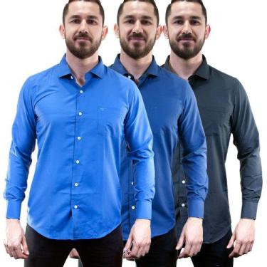 Imagem de Kit 3 Camisas Social Masculina Lisa Manga Longa Camisaria Colombo, Azu