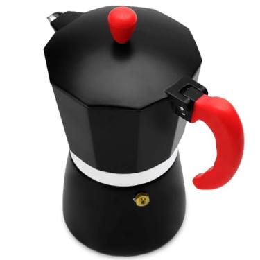 Imagem de Cafeteira Italiana Moka Fogão a Gás Premium Preta com Alça Vermelha 300 ML – 6 Xícaras – Alumínio Resistente – Válvula de Segurança - Café Espresso – Design Clássico e Elegante