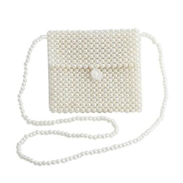 Imagem de SHESRA Bolsa clutch feminina de luxo com pérolas brancas, design de pérolas artificiais com bolso Jetted, perfeita para mulheres, mulheres, meninas, noite, casamento, festa, viagem, 17 x 15 cm
