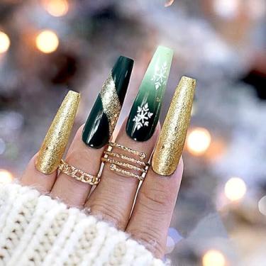 Imagem de Rilafuvu Pregos postiços compridos, caixão com design de floco de neve, cola nas unhas, unhas brancas de Natal, unhas douradas, glitter, pregos, pregos acrílicos brilhantes, unhas artificiais verdes