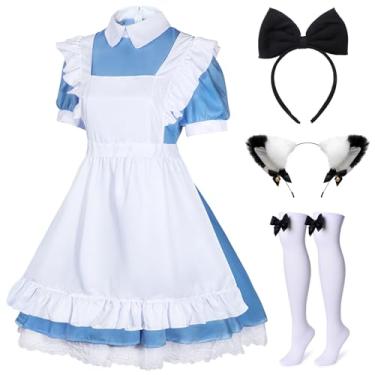 Imagem de BAOPLAYKIDS Conjunto de 5 peças de anime japonês Lolita, avental de empregada francesa, fantasia, cosplay, fantasia, acessório para a cabeça, conjunto de meias para mulheres, azul, GG