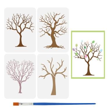 Imagem de FINGERINSPIRE 4 peças de estêncil de pintura de galhos de árvore com um pincel A4 29,7 x 21,1 cm de plástico reutilizável para tronco de árvore, estênceis com tema de plantas para pintura em móveis de