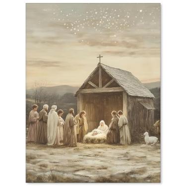 Imagem de ZERFVTG Arte de parede religiosa cristã de Deus Fé Presépio Nascimento do Bebê Jesus Pôster Vintage Céu Noturno Estrelado Impressões em Tela para Decoração de Parede de Igreja em Casa 30,5 x 40,6 cm