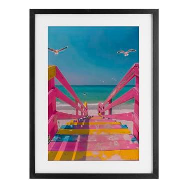 Imagem de Stupell Industries Escadas de praia rosa retrô impressão emoldurada preta sob vidro, design por LSR Design Studio, 23 x 17