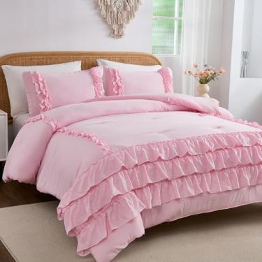 Imagem de Herside Conjunto de edredom king rosa claro, cachoeira, babados, chique, macio, fofo, para todas as estações, vintage, com babados, 3 peças, conjunto de colcha leve para mulheres e meninas