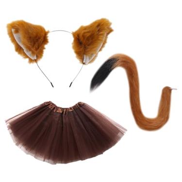 Imagem de Conjunto de fantasia de raposa peludo orelhas de raposa faixa de cabelo marrom tule tutu saia animal pelúcia raposa fofa cosplay cauda de animal cauda longa Halloween cosplay animal faixa de cabelo