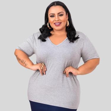 Imagem de Blusa Manga Curta Decote V Plus Size - Mayara Manzano, Cinza, G1