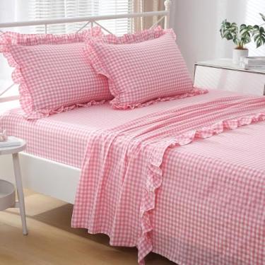 Imagem de K MASANIJI Jogo de lençol solteiro xadrez rosa branco com babados, tamanho GG, 4 peças, 300TC 100% fio tingido de linho com sensação de algodão, lençol de 45,7 cm com bolso profundo para crianças
