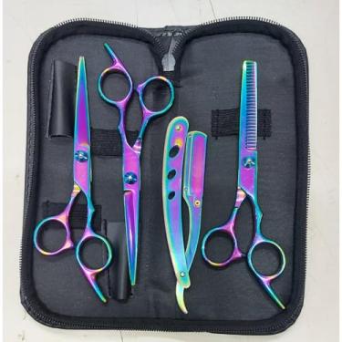 Imagem de Kit Barbeiro, Kit Cabeleireiro, Kit 4 Tesoura Cabelo Fio Desbaste Profissional Aço Inox Barbearia Cor Dourado, Adequado para Cortes de Cabelo Diários(roxo)