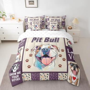 Imagem de Conjunto de edredom casal com desenho animado de pit bull, patas de cachorro, quadriculado geométrico, para meninos e meninas, animais fofos, animais de estimação, rústico (edredom + lençol de cima +
