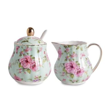 Imagem de Agyiuns Conjunto de açúcar e creme de cerâmica, conjunto de 3 peças com jarra de creme, açucareiro, conjunto de açúcar com tampa e colher (verde)