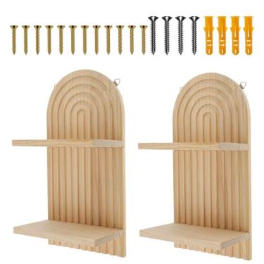 Imagem de Prateleira de parede de madeira arqueada, 2 peças, prateleira de parede boho de madeira com duas camadas, arco flutuante, decoração de parede, suporte de parede, arco para sala de estar, quarto