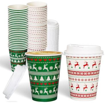 Imagem de SEQUEDA Pacote com 50 xícaras de café de Natal descartáveis com tampas 350 ml Copos de café de papel espesso com tampas, copos para viagem para bebidas quentes, chocolate, chá, cacau, decorações de