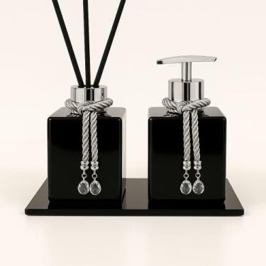 Imagem de Kit De Banheiro Lavabo Luxo Cubo De Vidro Difusor + Sabonete + Bandeja