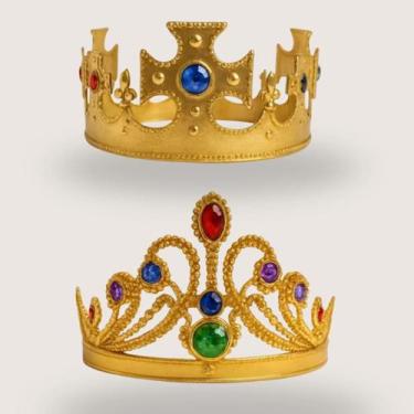 Imagem de Kit Coroa Dourada Rei E Rainha Adulto E Infantil Com Regulagem Hallowe