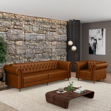 Imagem de Conjunto Sala de Estar 1 Sofá Living 240cm e 1 Poltrona Stanford Chesterfield Pés Madeira Couro Caramelo G58 - Gran Belo