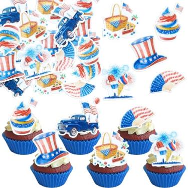 Imagem de Gyufise 54Pcs 4th of July Edible Cupcake Toppers American Flag Patriotic Cake Decorations Wafer Paper USA Independence Day Cake Picks for Patriotic Theme Party Decor Supplies Brown