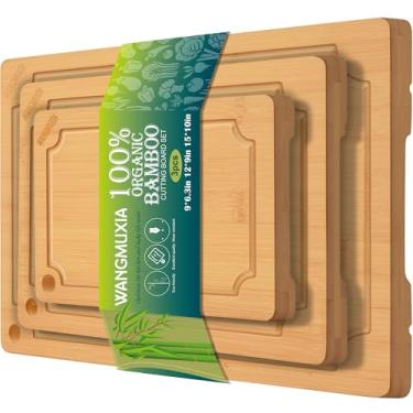 Imagem de Tábuas de corte de bambu duráveis para cozinha – Conjunto de 3 peças com sulcos profundos de suco, superfície carbonizada e design resistente, perfeito para charcutaria, carne e vegetais