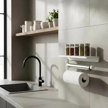 Imagem de Suporte de Parede Porta Papel Toalhas e Prateleira para Temperos Cozinha Branco Laca