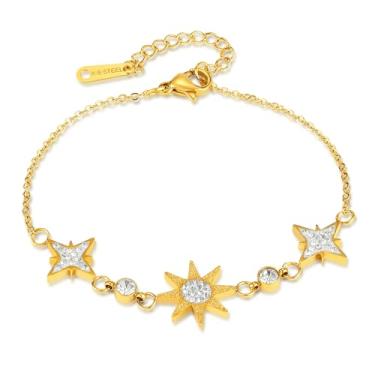 Imagem de Rockyu Pulseira feminina de ouro 18 quilates estrela de aço inoxidável zircônia cúbica delicada joia ajustável presente para aniversário de aniversário