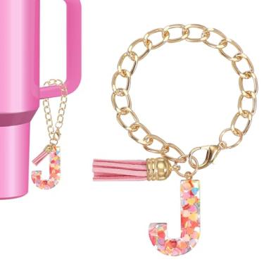 Imagem de Berloque de letras para copo Stanley, lindo pingente inicial J acessórios para chaveiro Stanley Tumbler Handle chaveiro personalizado para mulheres, rosa