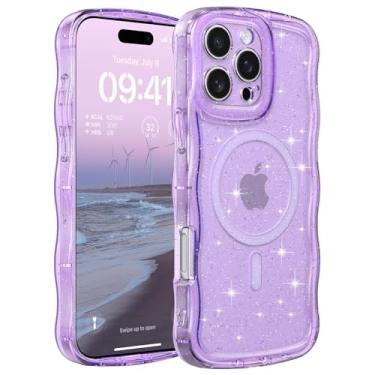 Imagem de FABSPARK Capa para iPhone 16 Pro Max, compatível com MagSafe, capa ondulada com moldura ondulada magnética transparente com glitter brilhante, policarbonato rígido de acrílico transparente para iPhone