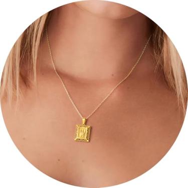 Imagem de Colar com letra inicial para mulheres, aço inoxidável banhado a ouro 18K, pingente retangular A–Z, corrente de 50,8 cm, 20in, Aço inoxidável, Sem Pedra Preciosa