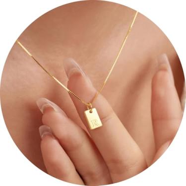 Imagem de Colar com inicial feminina, pingente retangular banhado a ouro 18K, joia mínima de A a Z, colar personalizado, 18+2in, Aço inoxidável, Sem Pedra Preciosa