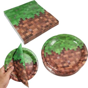 Imagem de EaciTown Conjunto de pratos e guardanapos de festa Pixel serve 20 utensílios de mesa para festa de videogame Pixel Gamer Material de papel para festa de aniversário
