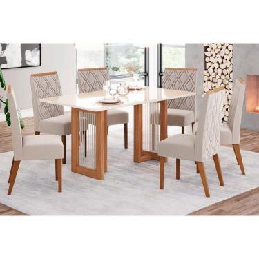 Imagem de Conjunto Mesa De Cozinha Yara Sc79 Tampo Madeirado Com Vidro Canto Curvo 160x90cm E 6 Cadeiras Vita Nature Linho Henn