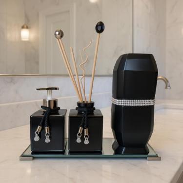 Imagem de Kit Lavabo Difusor Saboneteira Jogo De Banheiro Branco Luxo (Kit Bancada Luxo Preto/Prata)