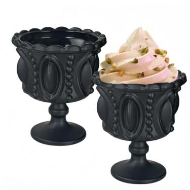 Imagem de YUHANOER Conjunto de 2 copos de sobremesa - copo vintage em relevo de cristal com pés, sorvete retrô de 200 ml e prato doce para bebidas de festa, uísque, bar festivo e decoração de mesa (preto)