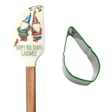 Imagem de Conjunto de espátula e cortador de biscoito de silicone para férias de Natal – Resistente ao calor de 204 °C, cabo de bambu, aço inoxidável, utensílios festivos para biscoitos de Natal, bolos e mais