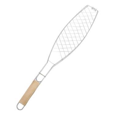 Imagem de Fenteer Cesto para grelhar peixe, suporte para grelhar peixe, utensílio de cozinha, cesto dobrável para churrasco com cabo de madeira para legumes e camarão, Cabo Plano