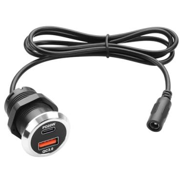 Imagem de QIANRENON DC 5525 para USB A e USB C Conector de carregamento embutido DC 5,5 × 2,5 mm fêmea para tipo A + cabo adaptador de montagem fixa rosqueado fêmea tipo C QC3.0 PD20W, para móveis de mesa, 0,9