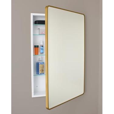 Imagem de Gabinete de remédios de banheiro embutido retangular arredondado de metal Austin Farmhouse, espelho chanfrado, abertura de parede de 45,7 x 71 cm, aço revestido a pó, prateleiras de vidro ajustáveis