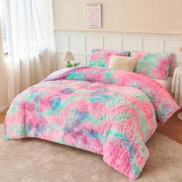 Imagem de PERFEMET Conjunto de edredom fofo, tamanho casal, para meninas, 3 peças, luxuoso, macio, rosa, azul, para crianças, adolescentes, aconchegante, tingido, veludo, felpudo, (rosa, azul, casal)