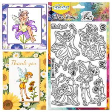 Imagem de CHGCRAFT Carimbos transparentes de fadas de flores e elfos, selos transparentes de flores e borboletas para fazer cartões, decoração de álbum de fotos, 11 x 16 cm