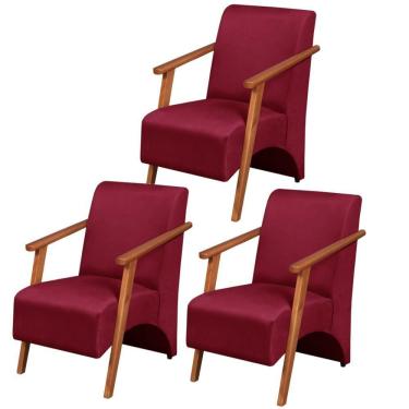 Imagem de Kit 3 Poltronas Venus 1 Lugar Braço Madeira Maciça Tecido Suede Unidecor Bordô