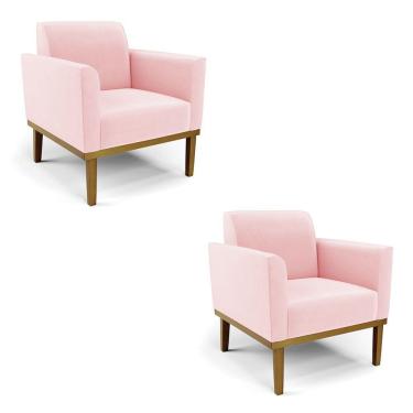 Imagem de Kit 2 Poltronas Decorativas Pés Fixo Em Madeira Castanho Suede Rosa Bebê