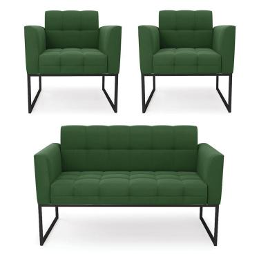 Imagem de Kit 1 Sofá Namoradeira E 2 Poltronas Elisa Suede Base Metálica Industrial Preto - D'rossi Cor Verde