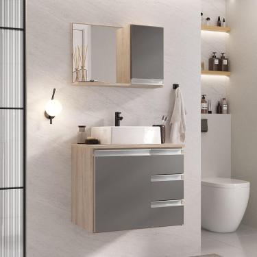 Imagem de Conjunto Gabinete Banheiro Prisma 60cm Gabinete + Cuba + Espelheira Madeirado Cinza